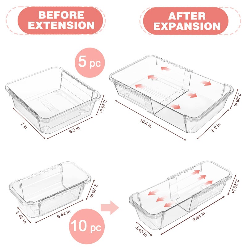 Hiitytin 15 Pcs Extendable Clear Drawer Organizer  All Adjustable Vanity Storage Box  2-Size Desk Drawer Organizer  Acrylic Storage Bins for Makeup  Cosmetic  Bedroom Dressers Tool Organizer for Gadgets - Image 2